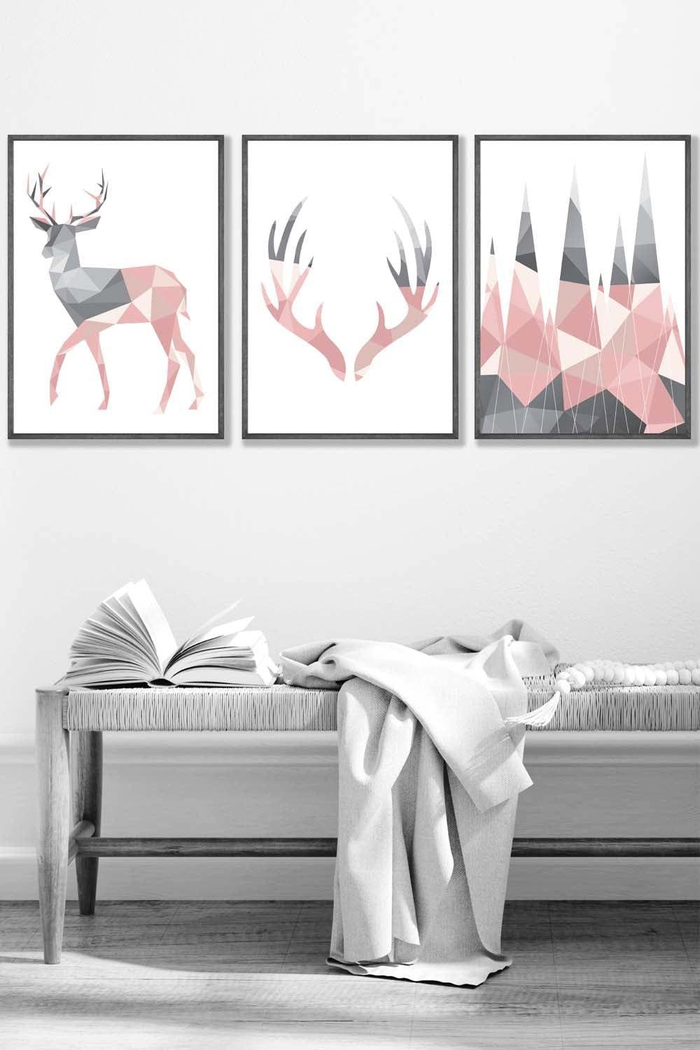 Geometric Blush Pink Grey Stags Set Framed Wall Art - Medium